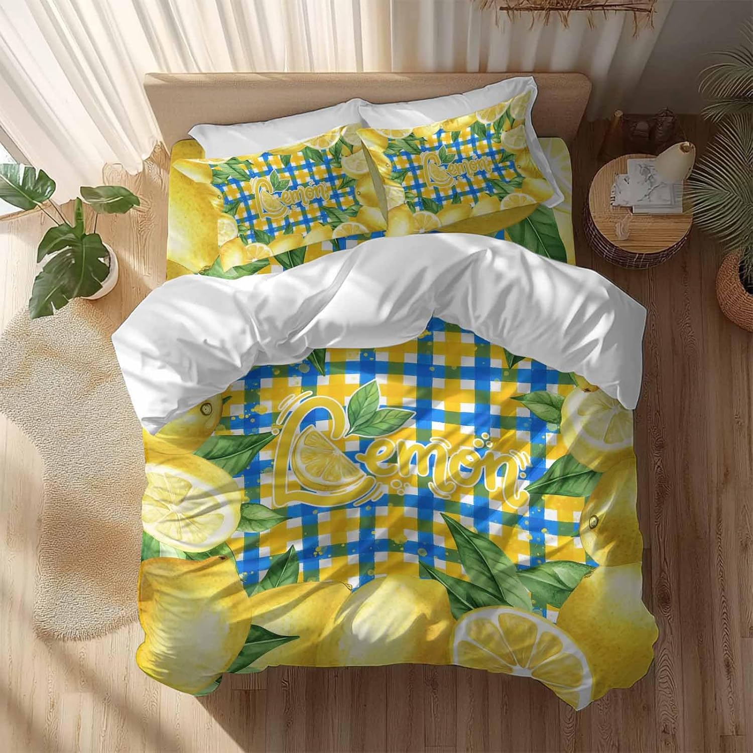 Summer Fruit Duvet Cover Set Queen Size 4 Pieces Watercolor Lemon Frame Letter Print Blue Yellow Plaid Bedding Set with Zipper Closure, 1 Comforter Cover 92x106 Inches 1 Flat Sheet & 2 Pillow Cases