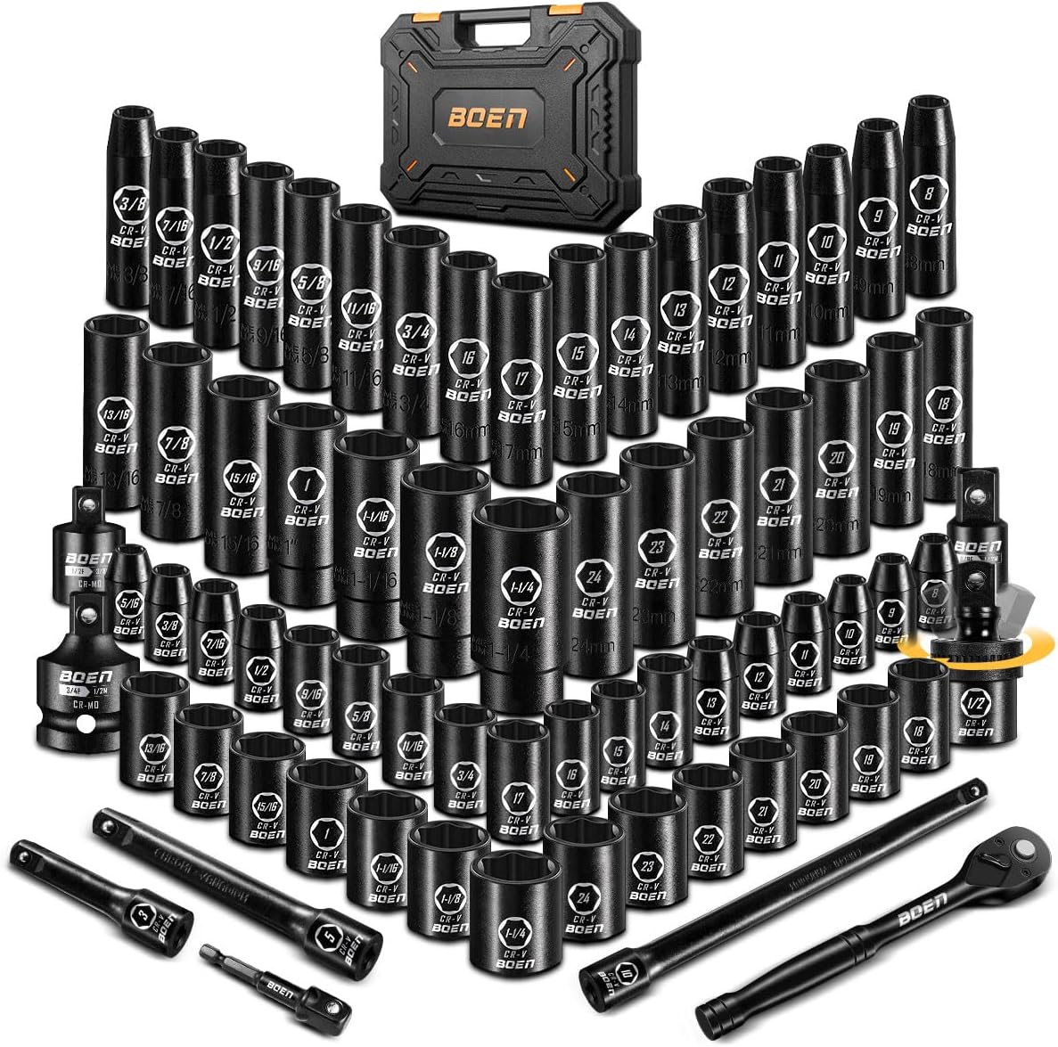 BOEN 1/2' Drive Impact Socket Set, 72 Piece Standard SAE (5/16'-1-1/4') & Metric (8-24 mm), Deep & Shallow Kit | Includes Ratchet Handle & Adapters | 3 ', 5', 10' Extension Bar