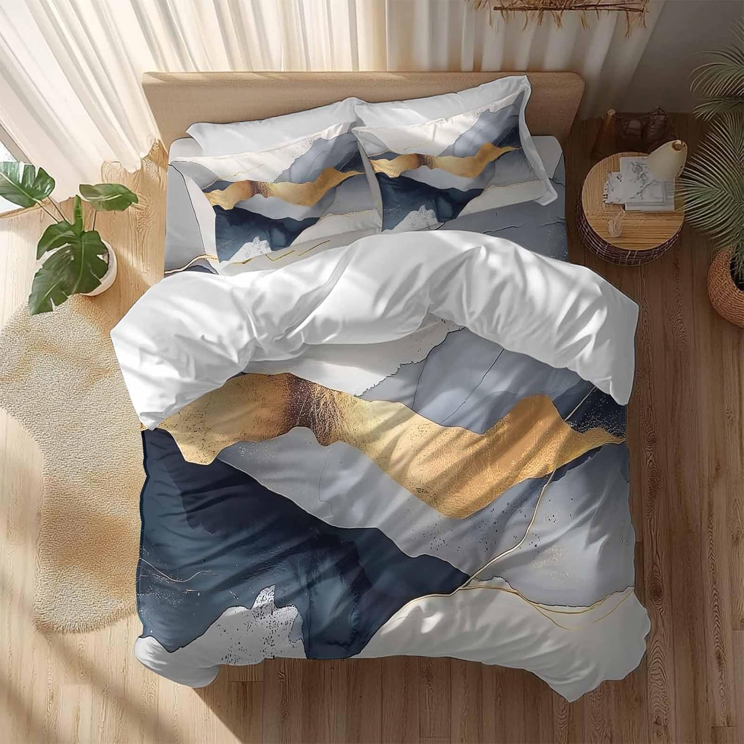 Prime Leader Abstract Duvet Cover Set Queen Size 4 Pieces Modern Gold Blue Grey Geometric Minimalist Bedding Set with Zipper Closure, 1 Comforter Cover 92x106 Inches 1 Flat Sheet & 2 Pillow Cases