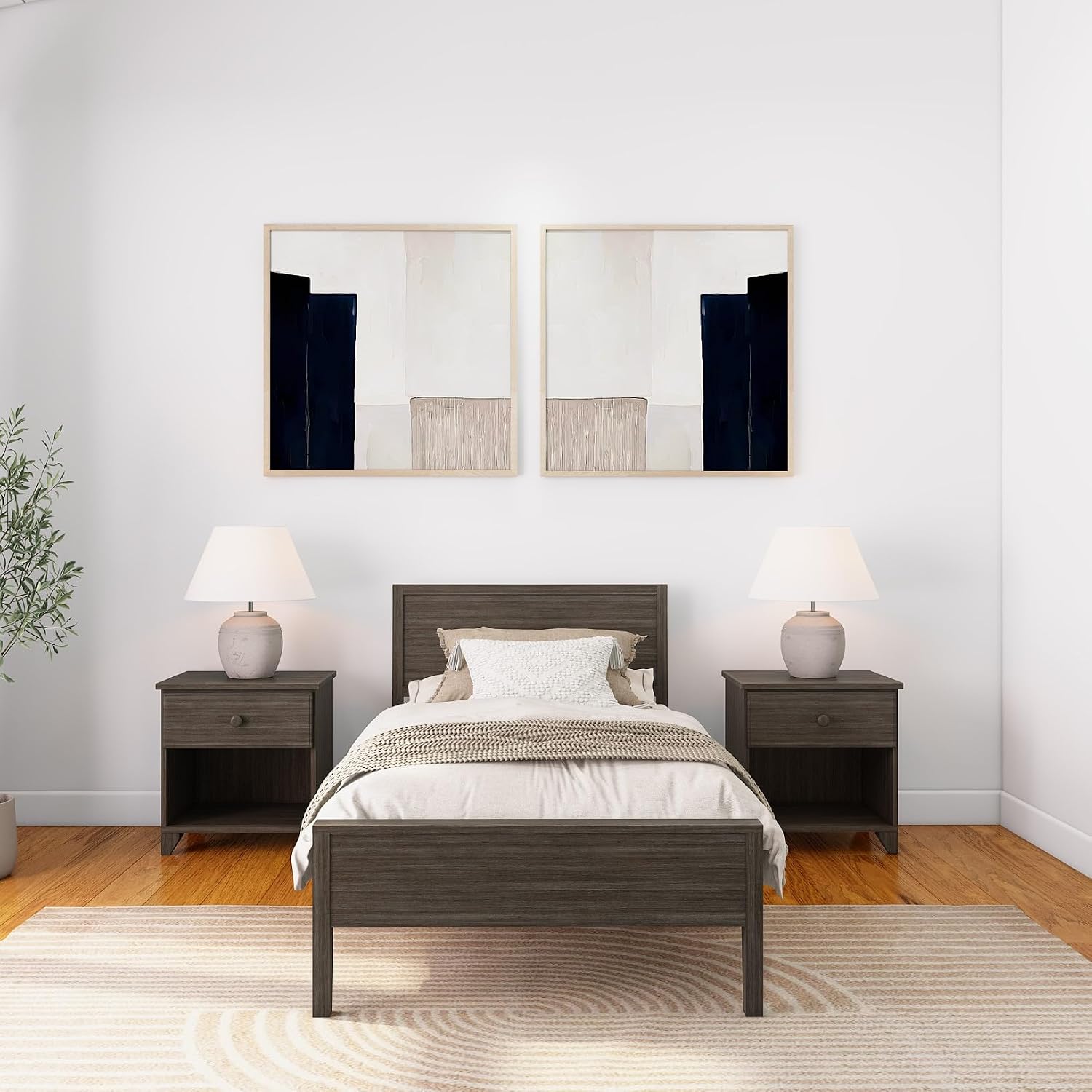 Plank+Beam Solid Wood Twin Bed Frame with Panel Headboard, Modern Twin Platform Bed with Wood Slat Support, No Box Spring Needed, Clay