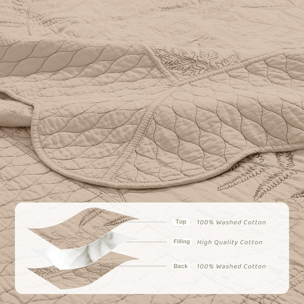 Sanracie Oversized King Quilt 120'x120', 100% Cotton Warm Taupe Print Quilted Bedspread Set 3Pcs Soft Breathable Botanical Leaves Pattern Quilt Bedding Set for All Season
