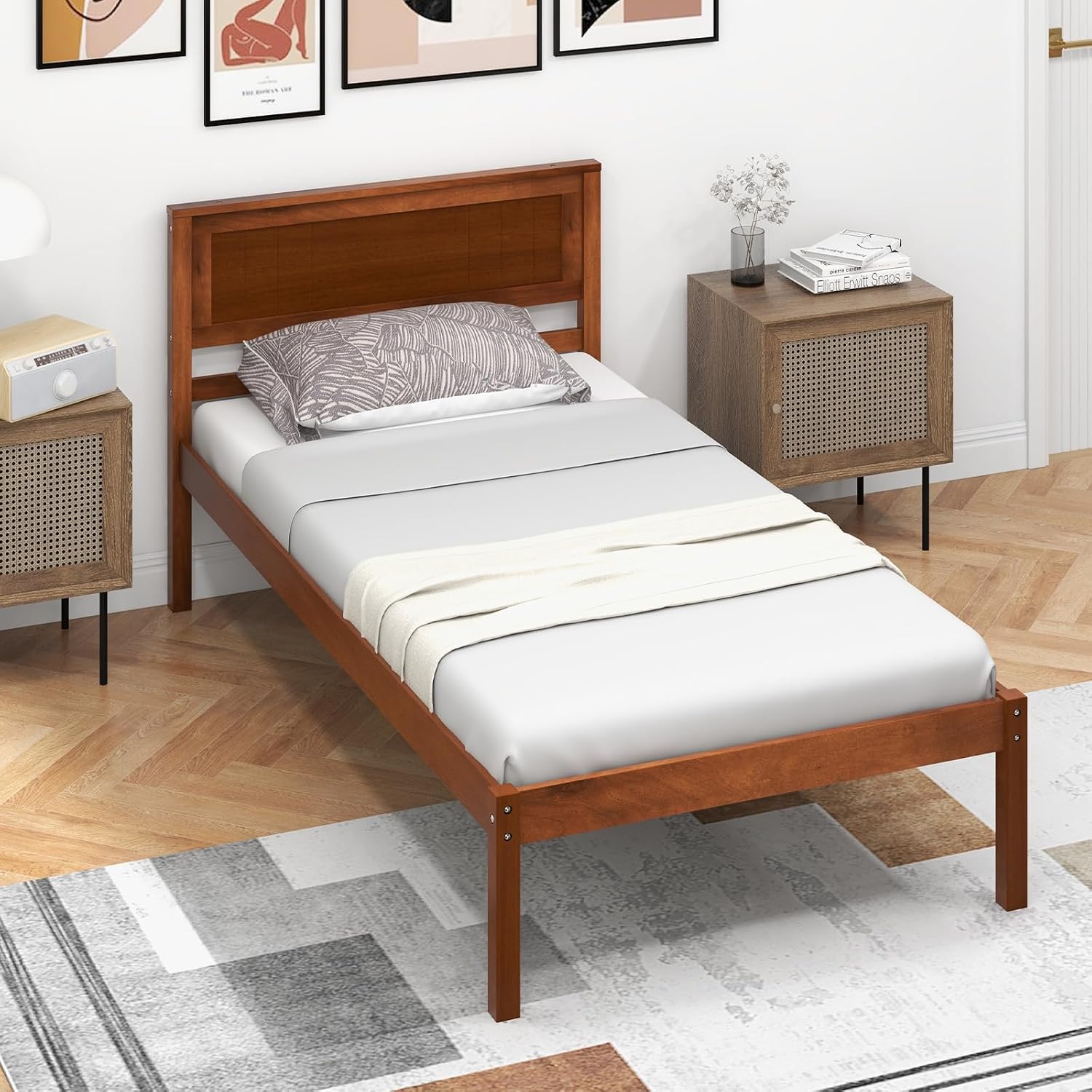 Giantex Twin Bed Frames with Headboard, Solid Wood Platform Bed with Wood Slat Support, Single Bed with 16' Under Bed Storage, Twin Bed Frames for Kids Adults Guests, Easy Assembly, Walnut