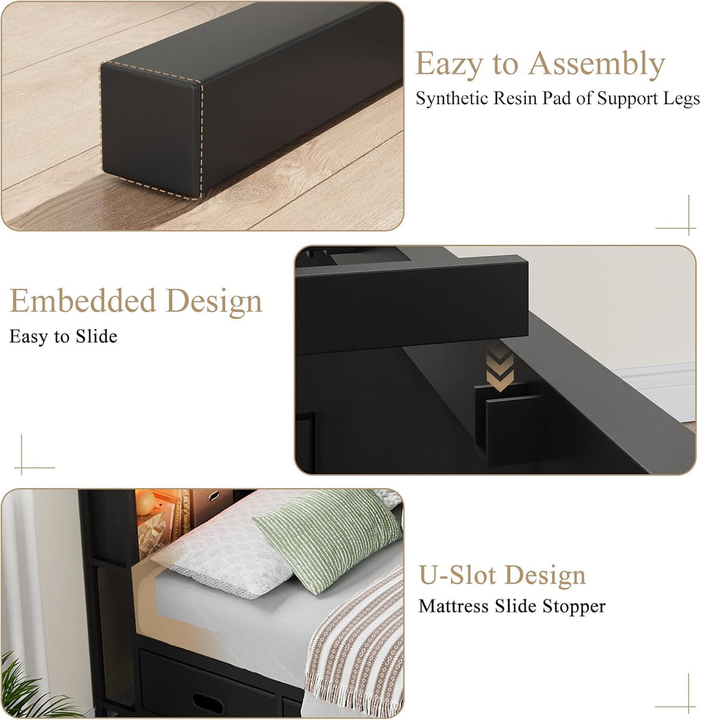 Full Size Corner Bed Frame with LED Lights, Charging Station & 8-Bookcase Headboard, Metal Platform Corner Bed with 4 Storage Drawers, Full Daybed for Kids Teens Guests, Black