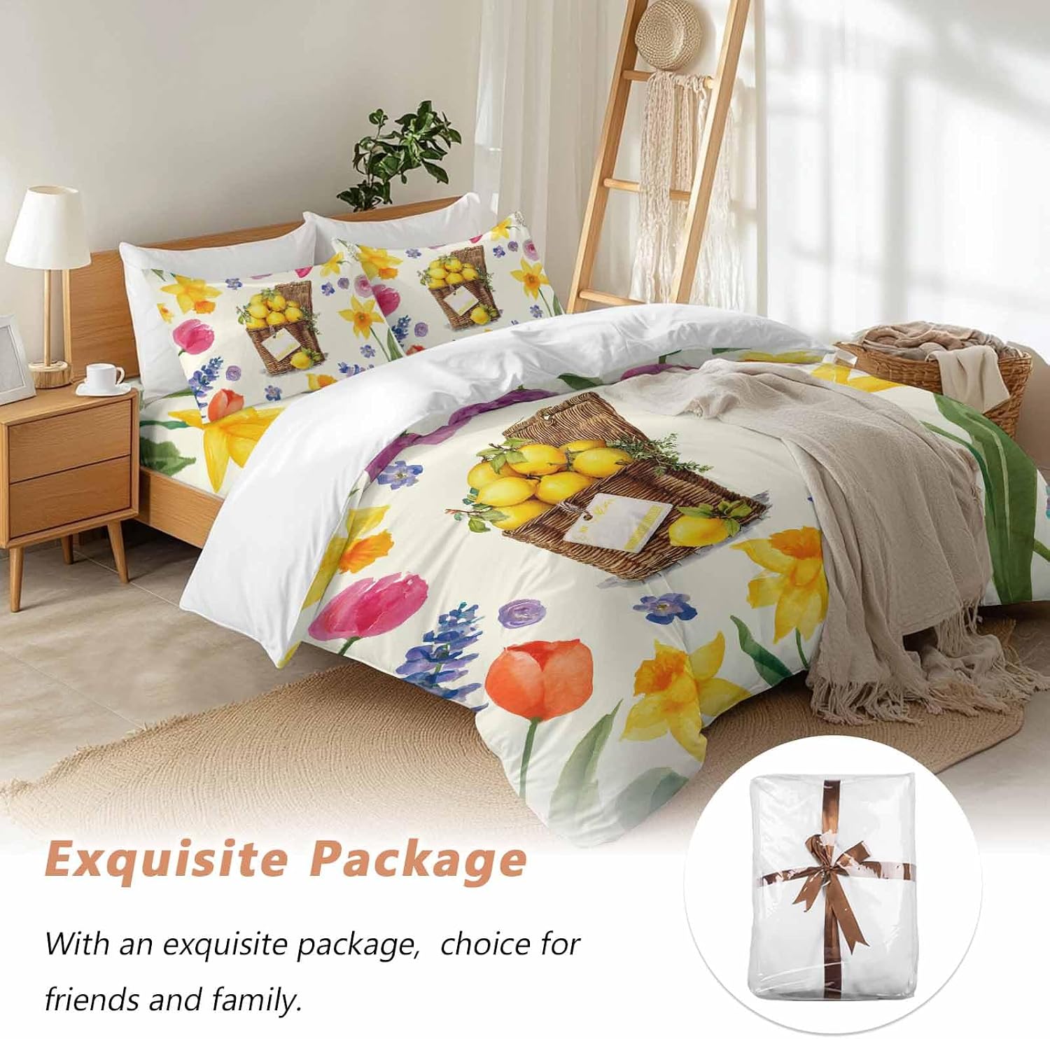 Spring Floral Duvet Cover Set Queen Size 4 Pieces Watercolor Lemon Oil Painting Flowers Farmhouse Bedding Set with Zipper Closure, 1 Comforter Cover 90x92 Inches 1 Flat Sheet & 2 Pillow Cases