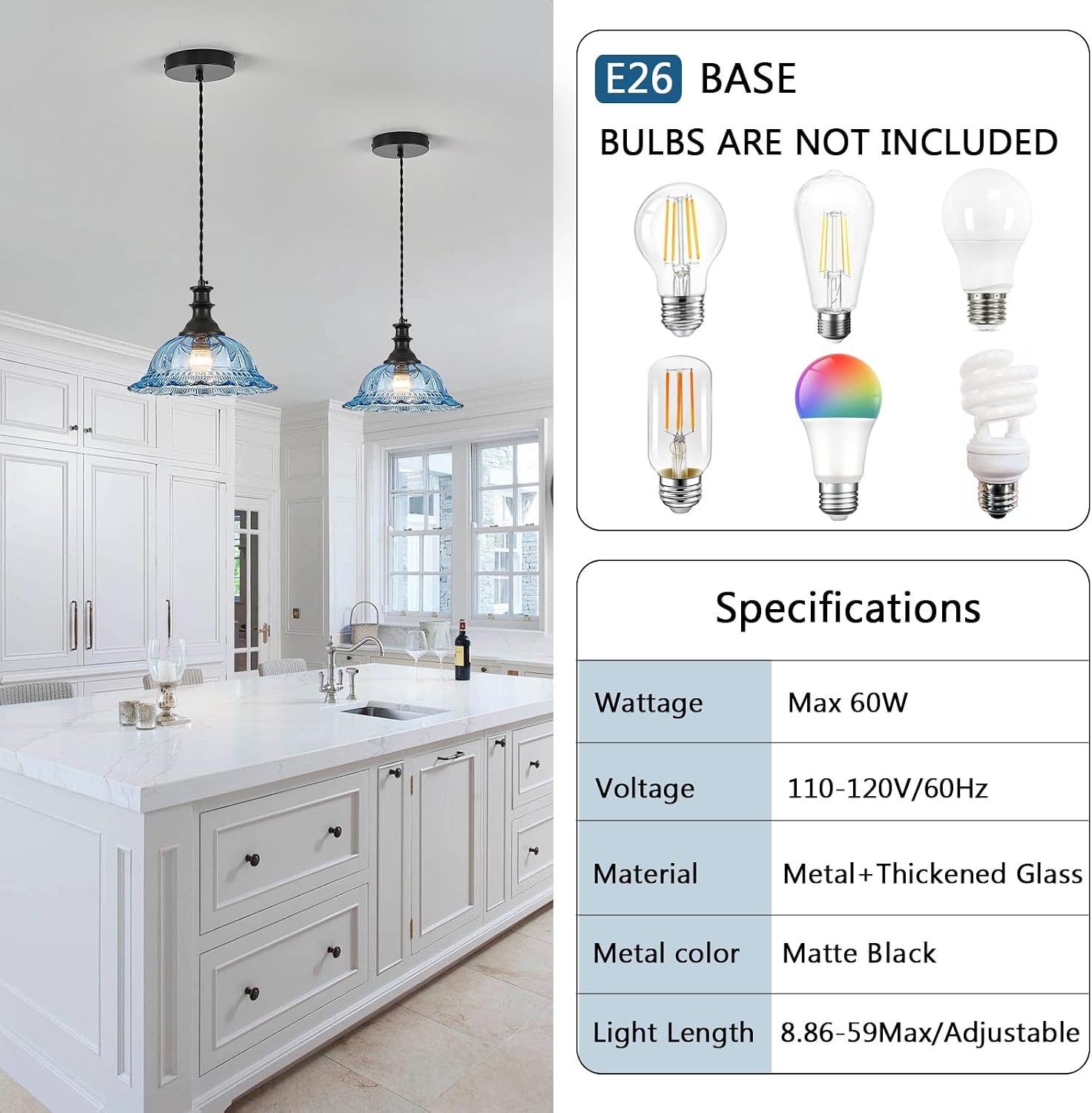 HDDFL Glass Pendant Lights Modern Pendant Lighting Fixtures Hanging Lamp for Kitchen Island Bedroom Dining Room Coffee Shop Hallway Blue and Black 2 Pack