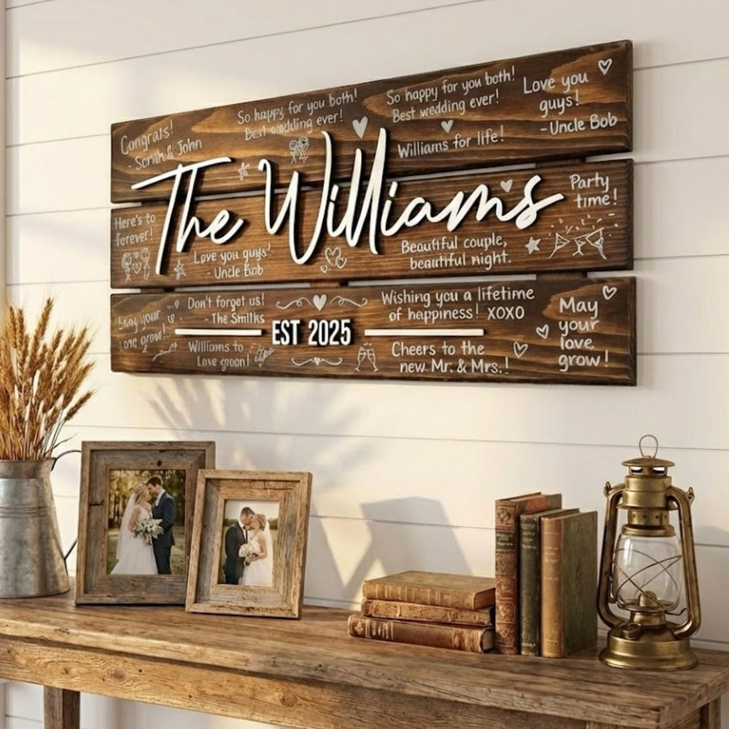 Personalized 4-Plank Wooden Wedding Guest Book Alternative Sign, Rustic Reception Decor with 3D Custom Last Name & Date, Unique Writeable Keepsake Signature Board for Couple, 28'x13' (Large)