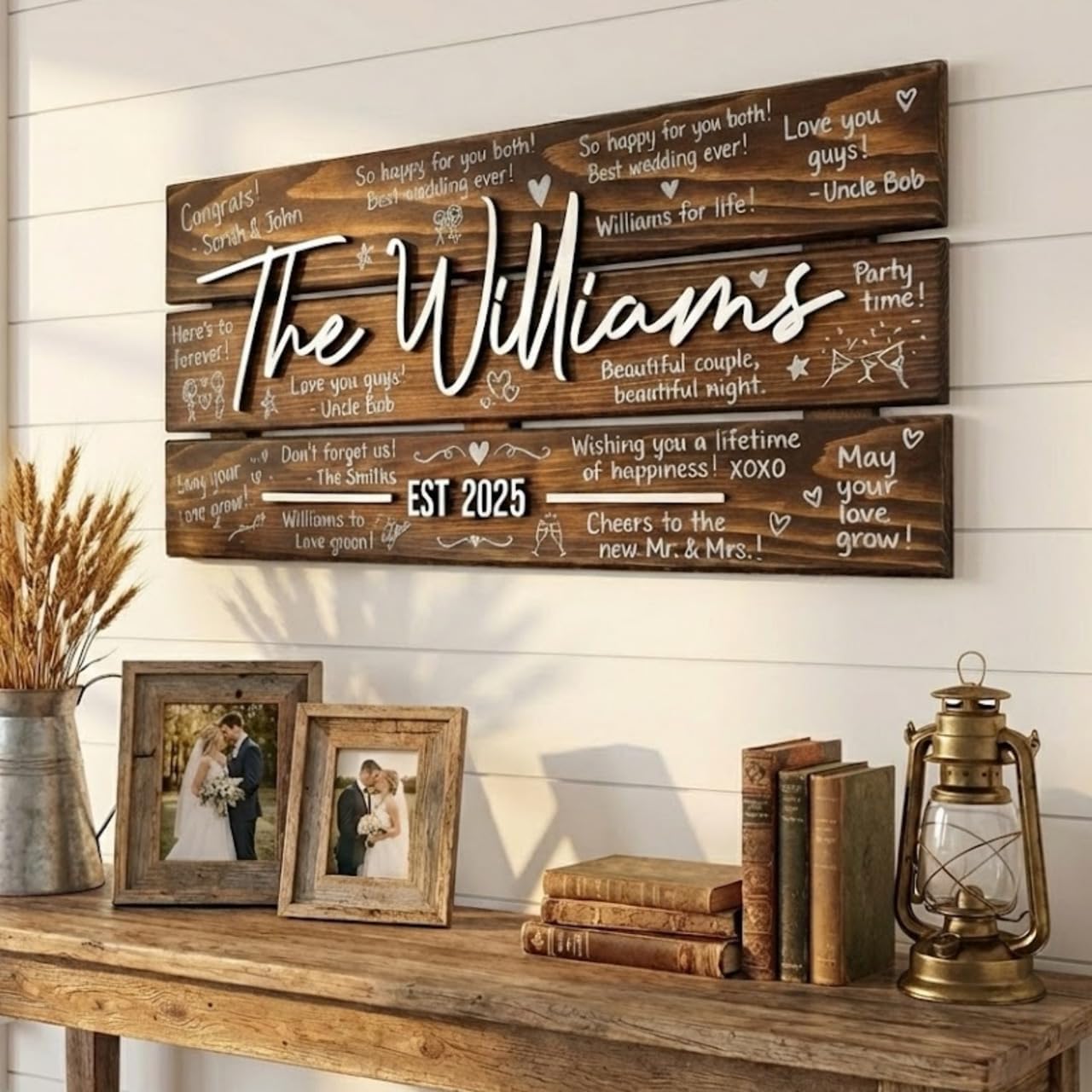 Personalized 4-Plank Wooden Wedding Guest Book Alternative Sign, Rustic Reception Decor with 3D Custom Last Name & Date, Unique Writeable Keepsake Signature Board for Couple, 28'x13' (Large)