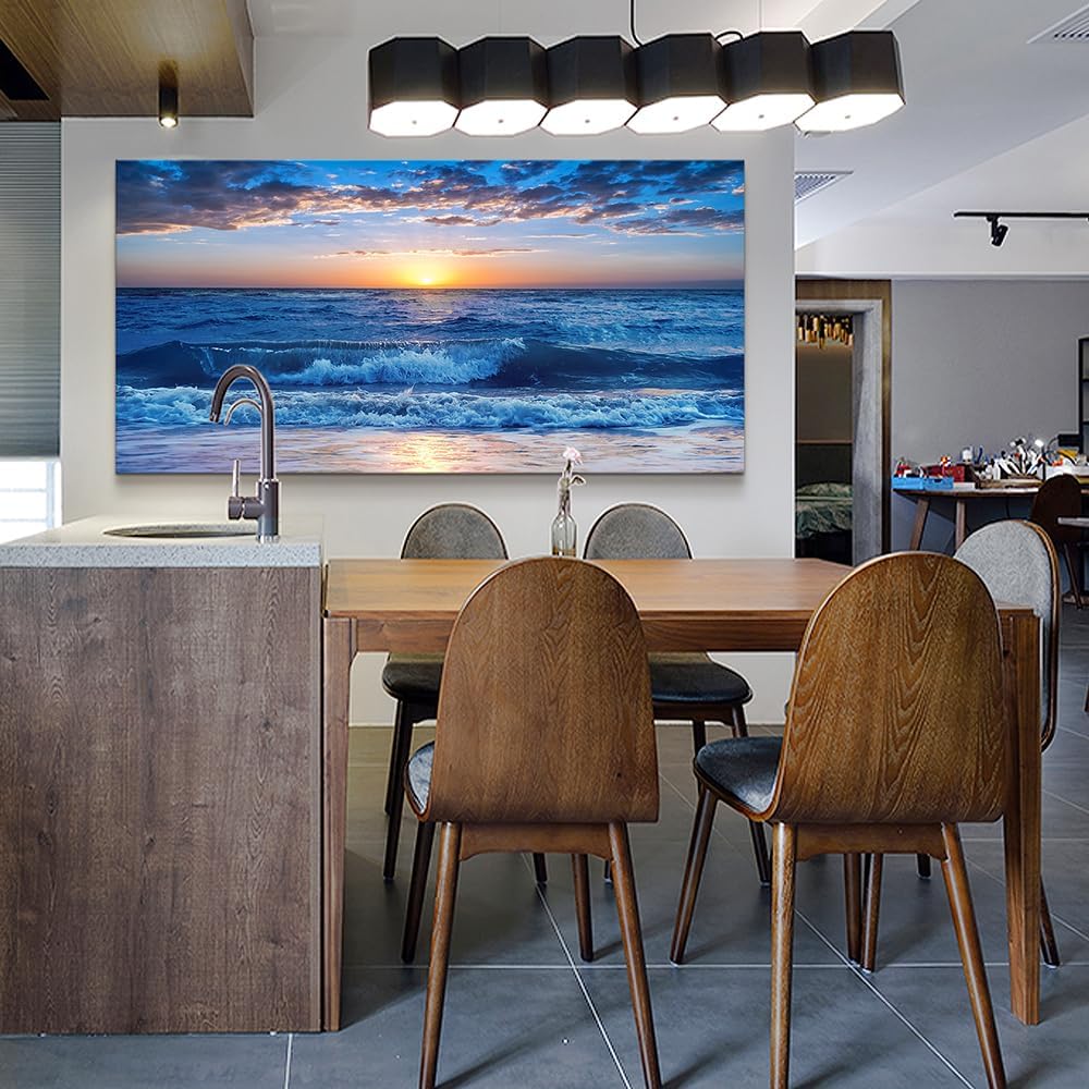 Wapluam Large Canvas Wall Art For Office Farmhouse Living Room Ocean Beach Wall Paintings Blue Sea View Wave Wall Pictures Framed Prints Artwork Modern Bedroom Home Decor 30'X 60'