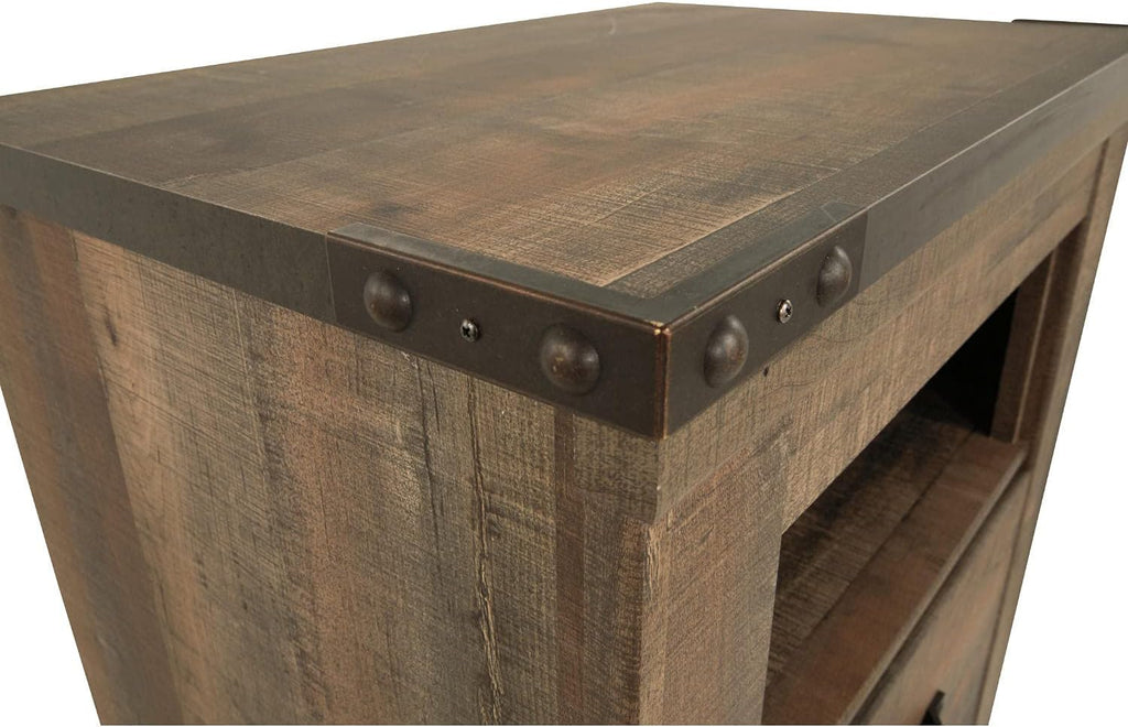 Signature Design by Ashley Trinell Rustic 1 Drawer Nightstand, USB Charing, Storage Cubby, Nailhead Accents, Wood, 24.72' W x 16.18' D x 26.22' H, Warm Brown