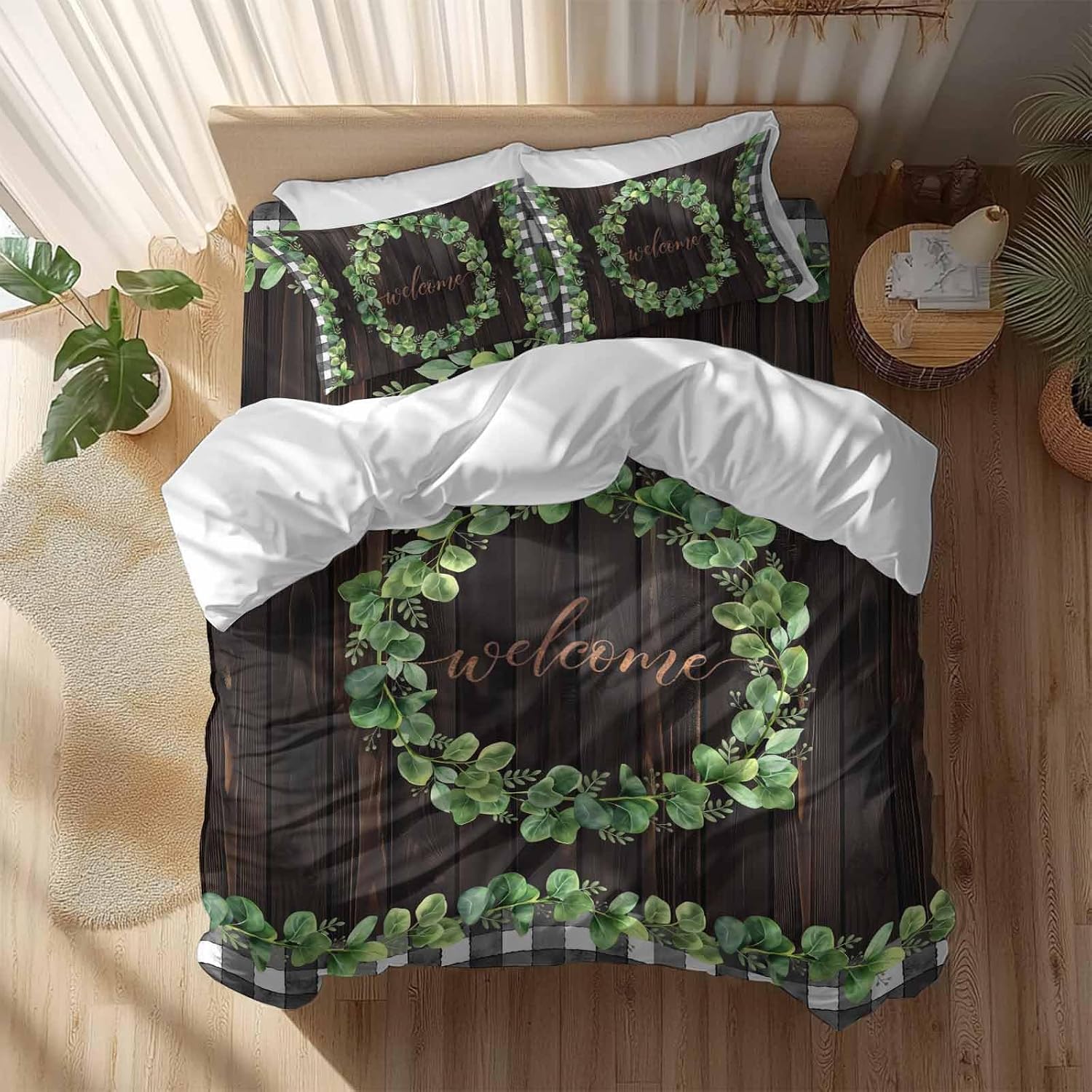 Welcome Duvet Cover Set Queen Size 4 Pieces Spring Eucalyptus Leaf Plaid Farmhouses Brown Wood Bedding Set with Zipper Closure, 1 Comforter Cover 90x92 Inches 1 Flat Sheet & 2 Pillow Cases