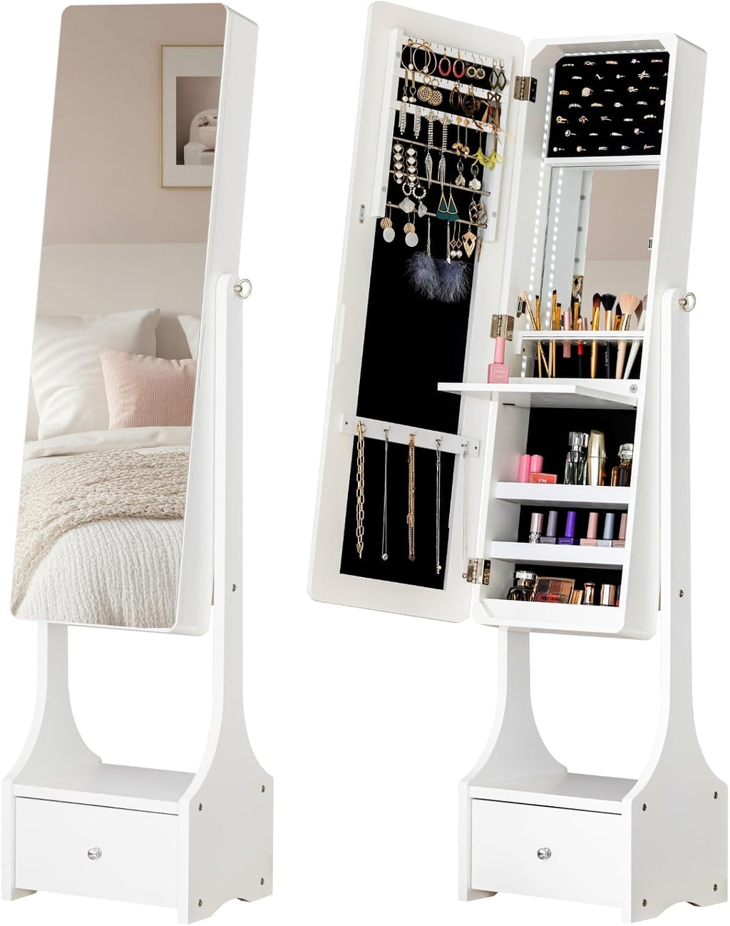 BTEXPERT Mirror Jewelry Cabinet Standing, Large Storage Jewelry Armoire, Full-Length Frameless Mirror with Jewelry Storage, 12 LED Lockable Standing Jewelry Organizer White