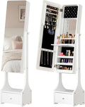 BTEXPERT Mirror Jewelry Cabinet Standing, Large Storage Jewelry Armoire, Full-Length Frameless Mirror with Jewelry Storage, 12 LED Lockable Standing Jewelry Organizer White