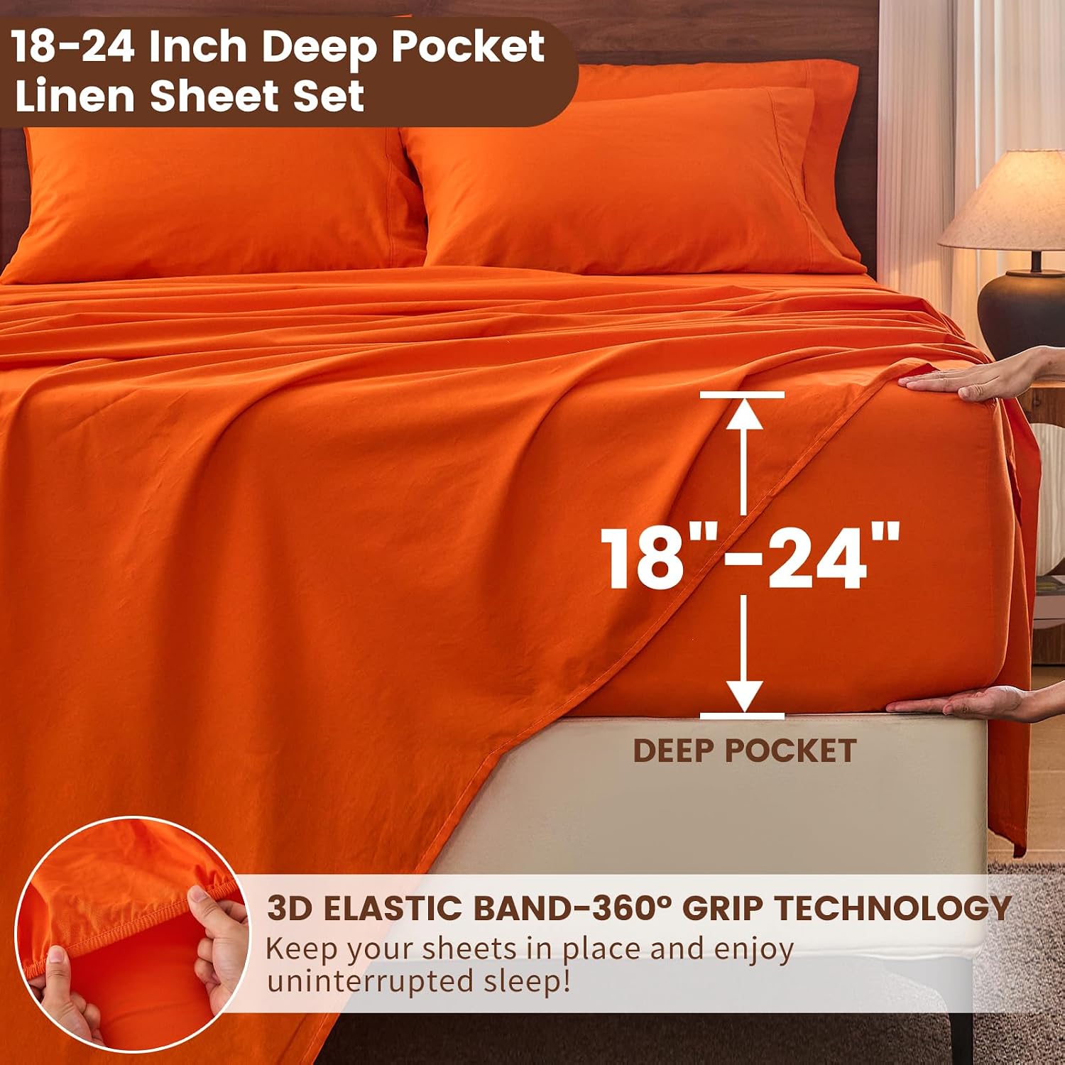 Bedlifes 100% French Flax Linen Sheets Set King Size - 6 Piece Extra Deep Pocket 18-24',Soft Breathable King Bed Sheets with Temperature Regulating & Moisture-Wicking(Orange