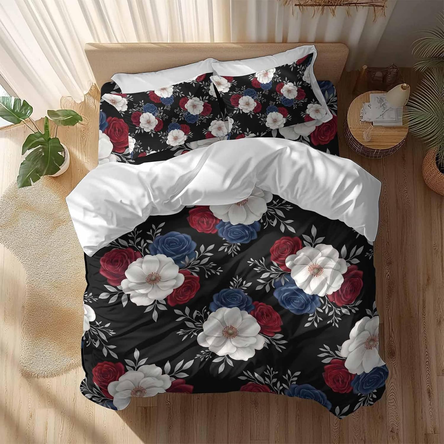 Prime Leader Independence Day Duvet Cover Set Queen Size 4 Pieces Red Blue White Roses Floral Leaf Black Bedding Set with Zipper Closure, 1 Comforter Cover 92x106 Inches 1 Flat Sheet & 2 Pillow Cases