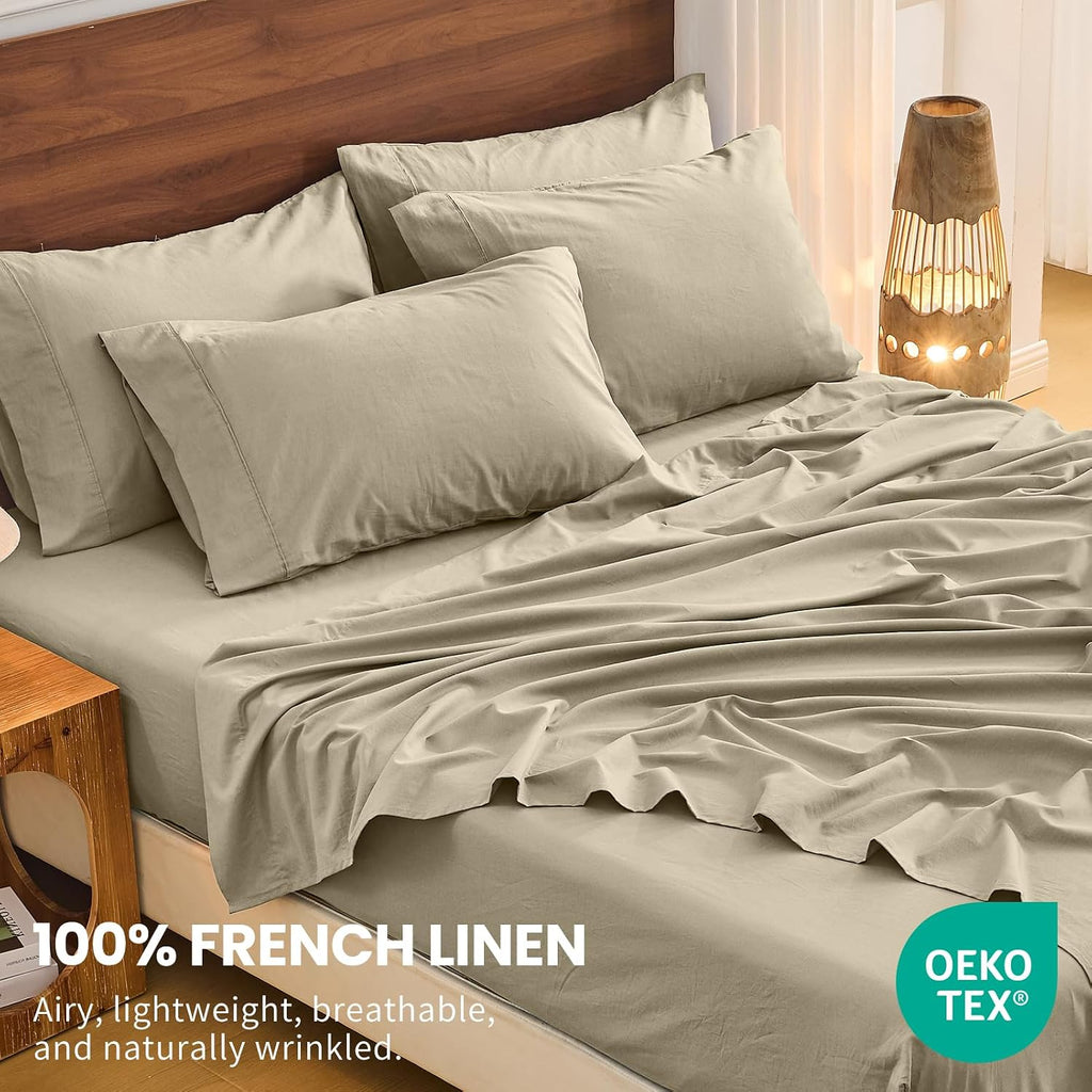 Bedlifes 100% French Flax Linen Sheets Set King Size - 6 Piece Extra Deep Pocket 18-24',Soft Breathable King Bed Sheets with Temperature Regulating & Moisture-Wicking(Taupe