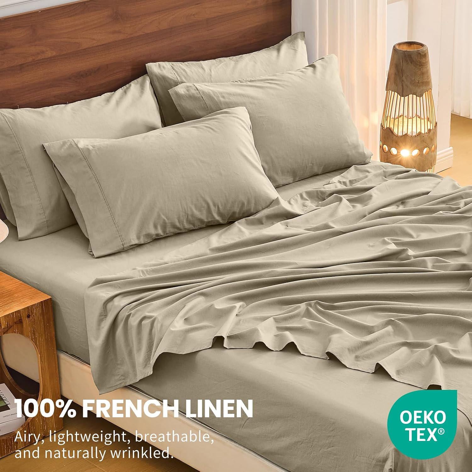 Bedlifes 100% French Flax Linen Sheets Set King Size - 6 Piece Extra Deep Pocket 18-24',Soft Breathable King Bed Sheets with Temperature Regulating & Moisture-Wicking(Taupe