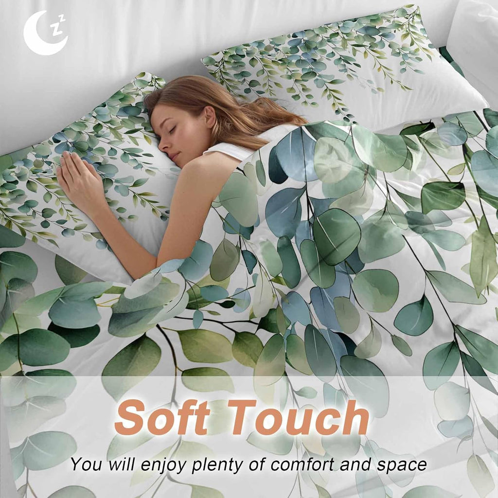 Prime Leader Green Leaves Duvet Cover Set Queen Size 4 Pieces Eucalyptus Leaf Watercolor Plant Botanical Bedding Set with Zipper Closure, 1 Comforter Cover 92x106 Inches 1 Flat Sheet & 2 Pillow Cases