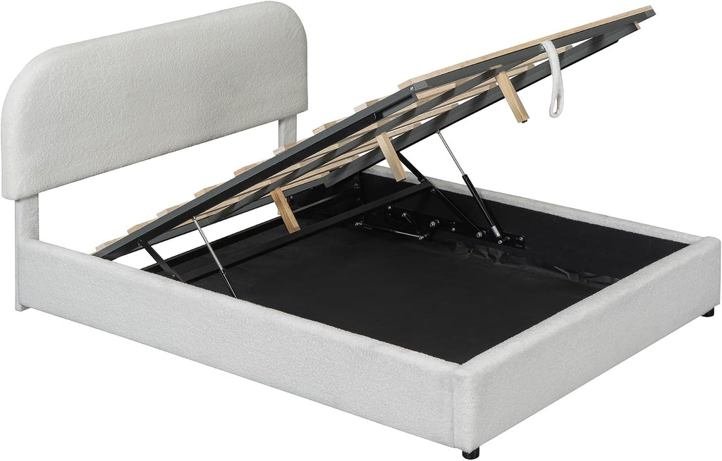 Upholstered Platform Bed with Hydraulic Storage System and Curved Shaped Headboard, Full Size Wood Bed Frame for Kids Adults Bedroom Furniture, Teddy Fleece Thick Upholstered Bed Grounded Bed