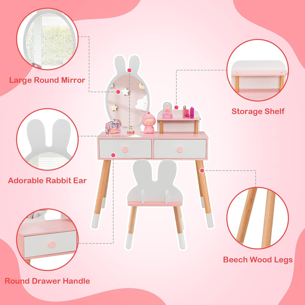 GLACER Kids Vanity & Jewelry Armoire, Princess Dressing Table and Chair Set, Wood Kids Dress Up Storage with Full-Length Mirror, 2 Adjustable Tilt Angles, Kids Bedroom Furniture Set for Girls (White)