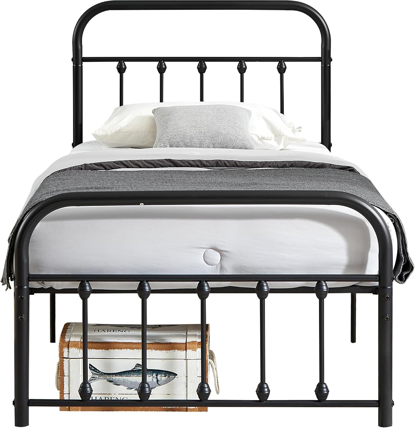 VECELO Twin Size Victorian Style Metal Bed Frame with Headboard Classic Metal Platform Bed Frame Mattress Foundation with Footboard/Under Bed Storage/No Box Spring Classic Black 2 Set