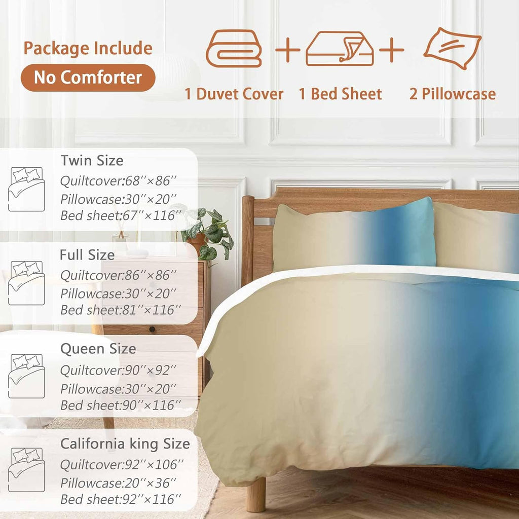 Gradient Brown Blue Duvet Cover Set Queen Size 4 Pieces Modern Abstract Minimalist Beige Ocean Beach Bedding Set with Zipper Closure, 1 Comforter Cover 86x86 Inches 1 Flat Sheet & 2 Pillow Cases