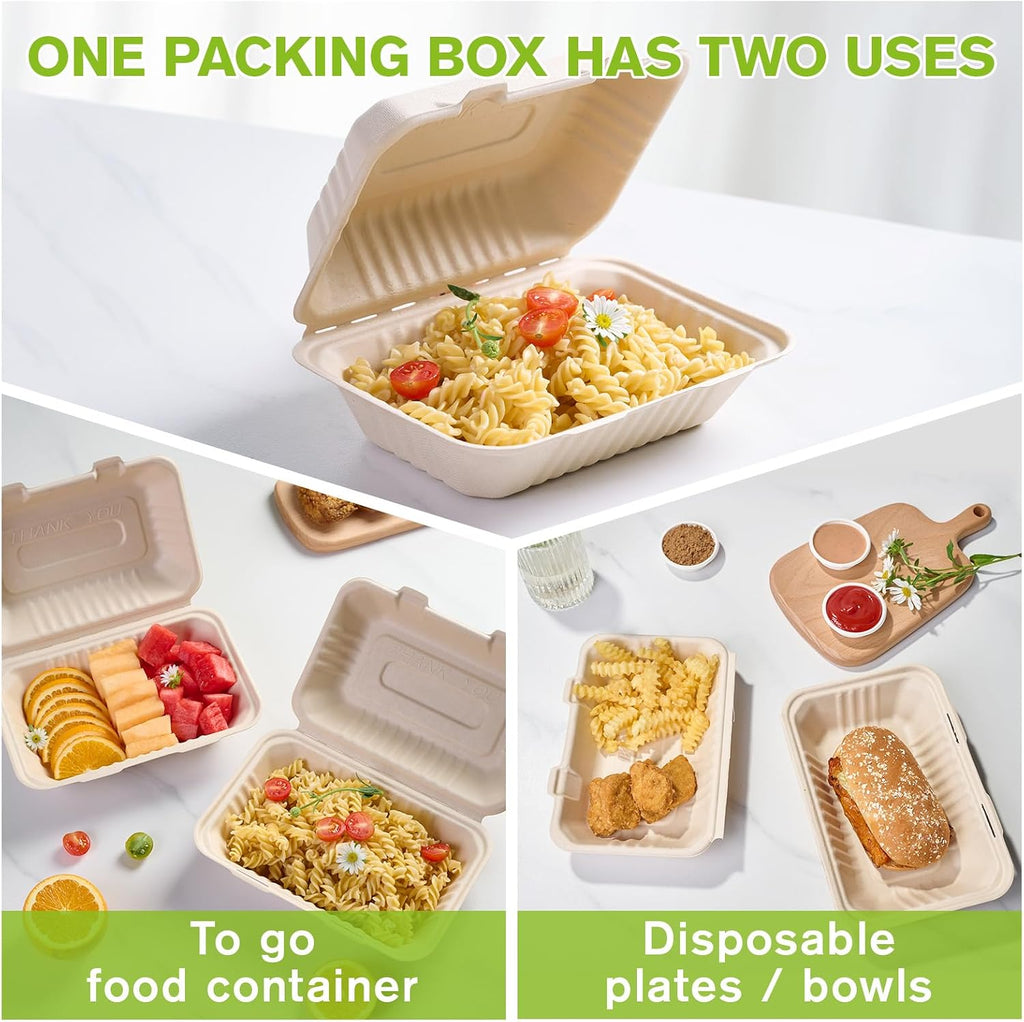 ECOLipak 500 Pack Clamshell Take Out Food Containers, 100% Compostable Disposable To Go Containers, 9X6 inch Heavy-Duty To Go Boxes for Food