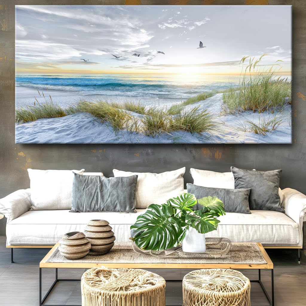 Canvas Prints Wall Art Beach Sunrise Ocean Waves Beach Grass Nature Pictures Stretched Canvas for living Room Bedroom and Office Home Decor 71'x36' with Framed