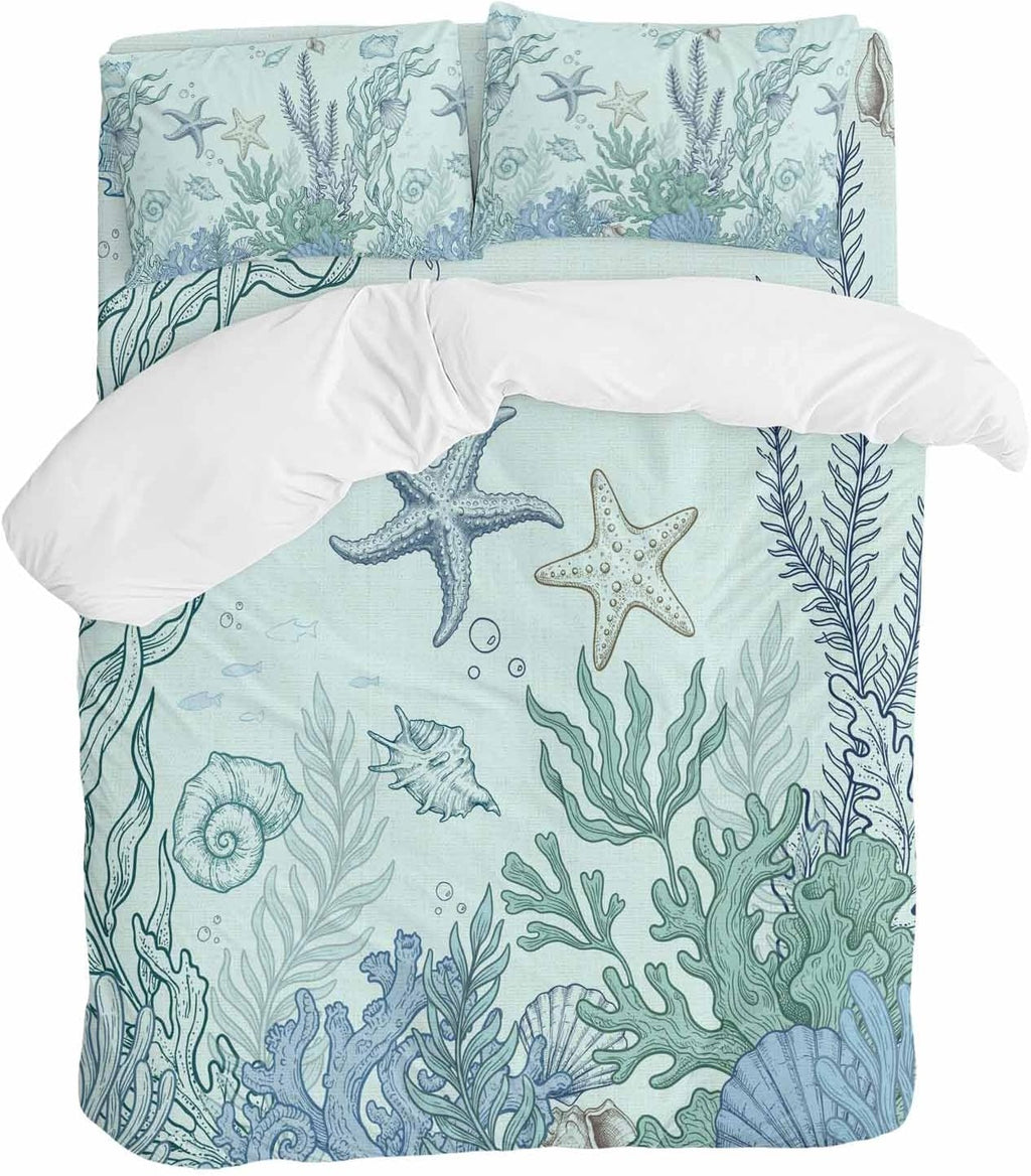 Marine Life Duvet Cover Set Queen Size 4 Pieces Starfish Coral Blue Shell Ocean Summer Green Bedding Set with Zipper Closure, 1 Comforter Cover 92x106 Inches 1 Flat Sheet & 2 Pillow Cases