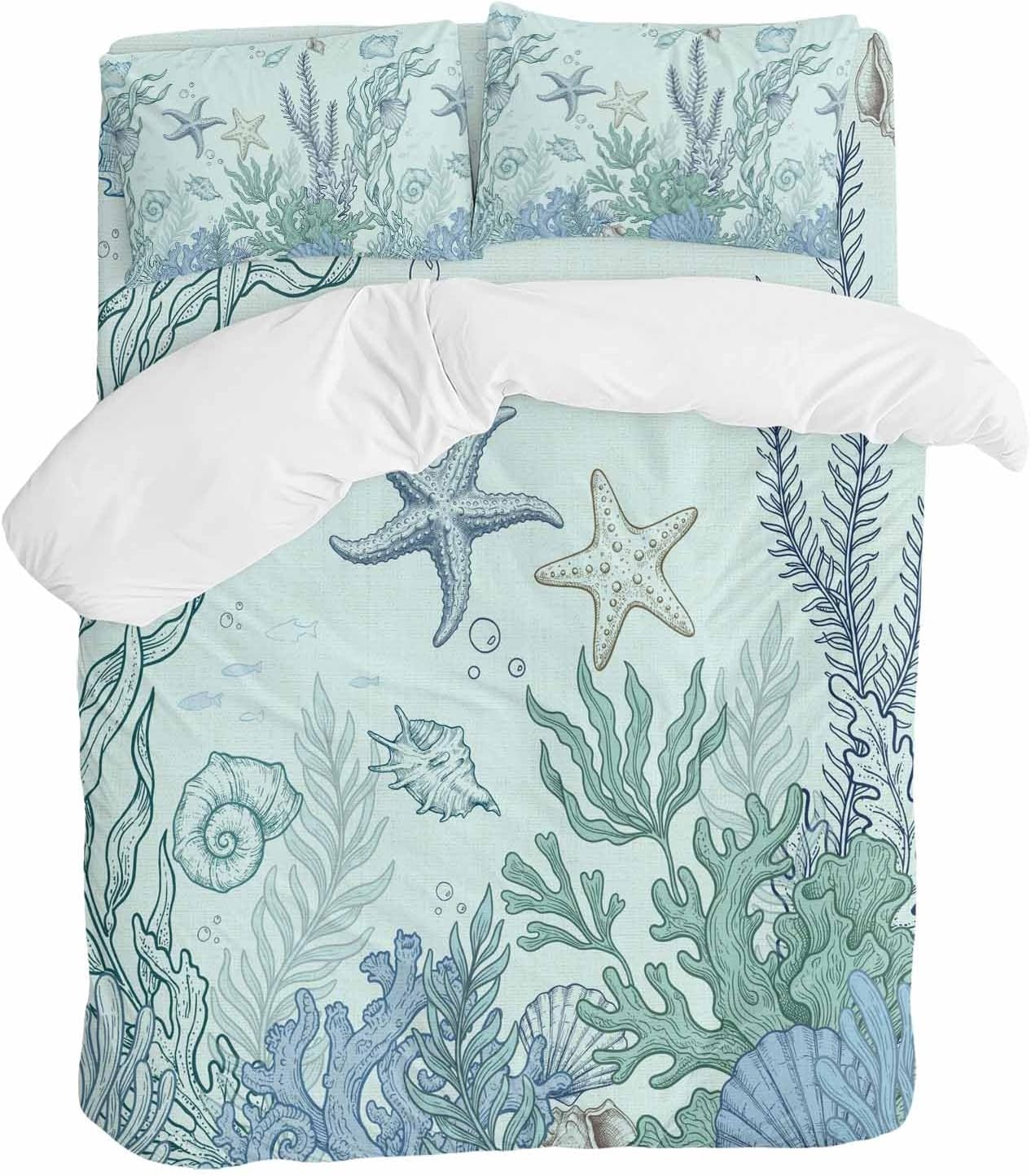 Marine Life Duvet Cover Set Queen Size 4 Pieces Starfish Coral Blue Shell Ocean Summer Green Bedding Set with Zipper Closure, 1 Comforter Cover 92x106 Inches 1 Flat Sheet & 2 Pillow Cases