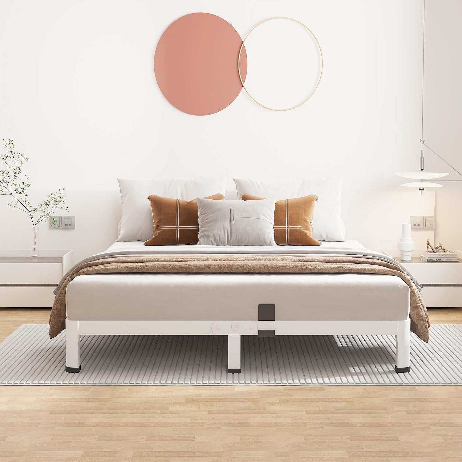 ROIL 4 Inch White King Bed Frame with Rounded Corner and Mattress Retainers, 3500LBS Heavy Duty Steel Slats No Box Spring Needed Platform Noise-Free Easy Assembly