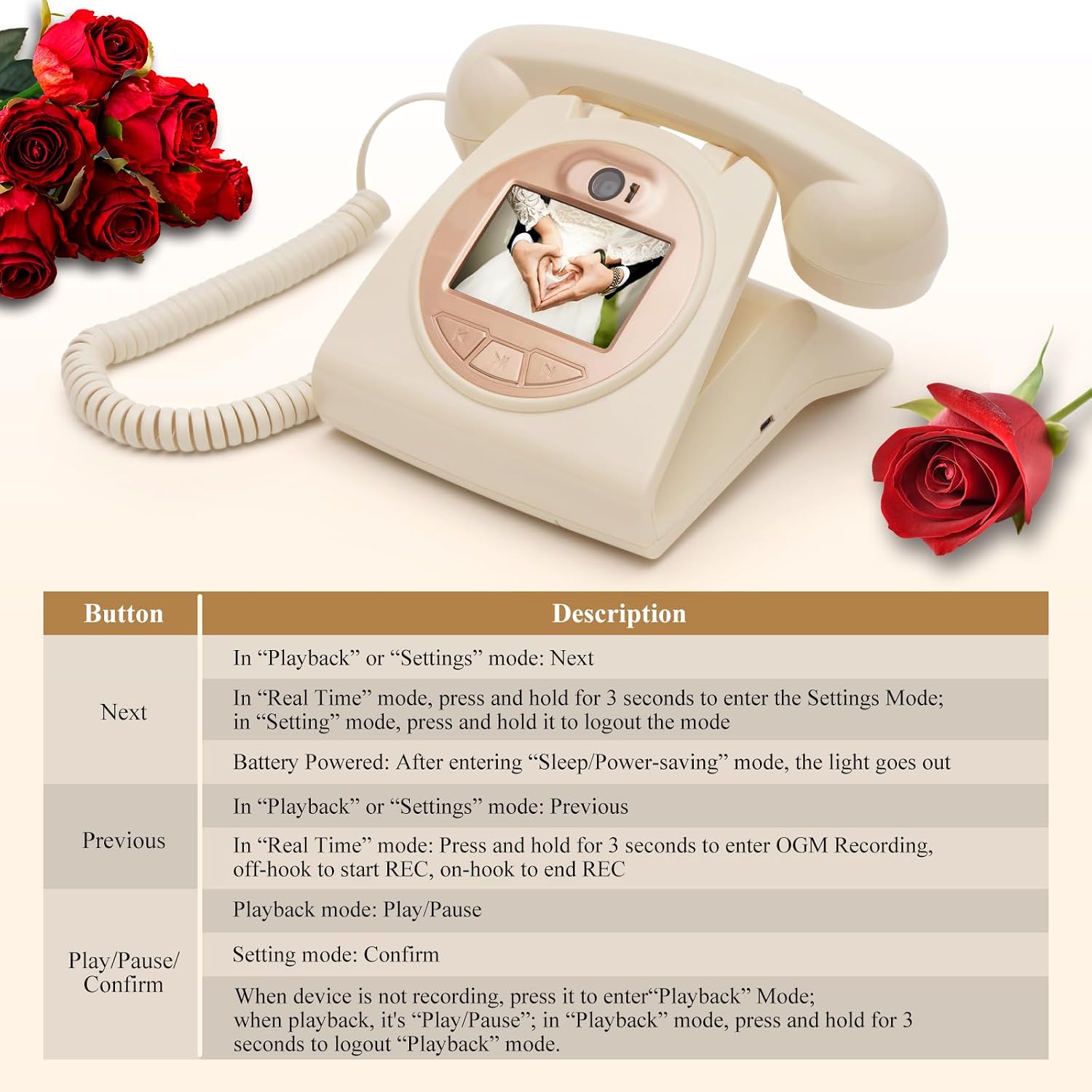 UKBW Video Audio Guest Book Wedding Phone, 1080P HD Video Audio Phone Guestbook, Preserve Your Special Occasions, Ideal for Wedding Bridal Shower, Birthday, Graduations, Baby Shower(Beige)