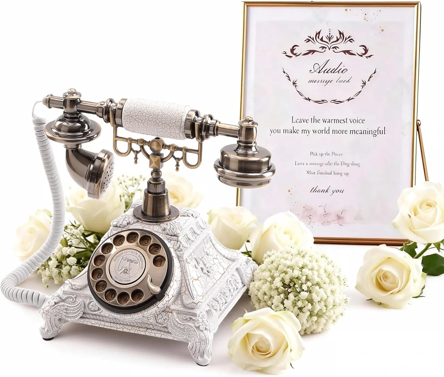 Audio Guest Book Wedding Phone - Unique Voicemail Recorder for Weddings, Parties, Graduations - European Vintage Style, Crystal-Clear Sound, White Rotary Design, Voice Message Guestbook