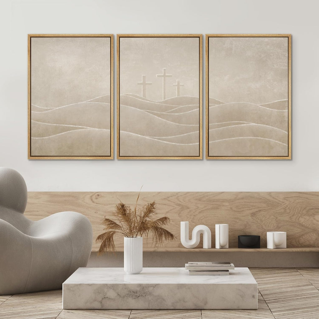 SIGNWIN Framed Canvas Print Wall Art Set Christian Cross Hill Minimalist Beige Religious Illustrations Modern Art Contemporary Minimal Ultra for Living Room, Bedroom, Office - 16'x24'x3 Natural
