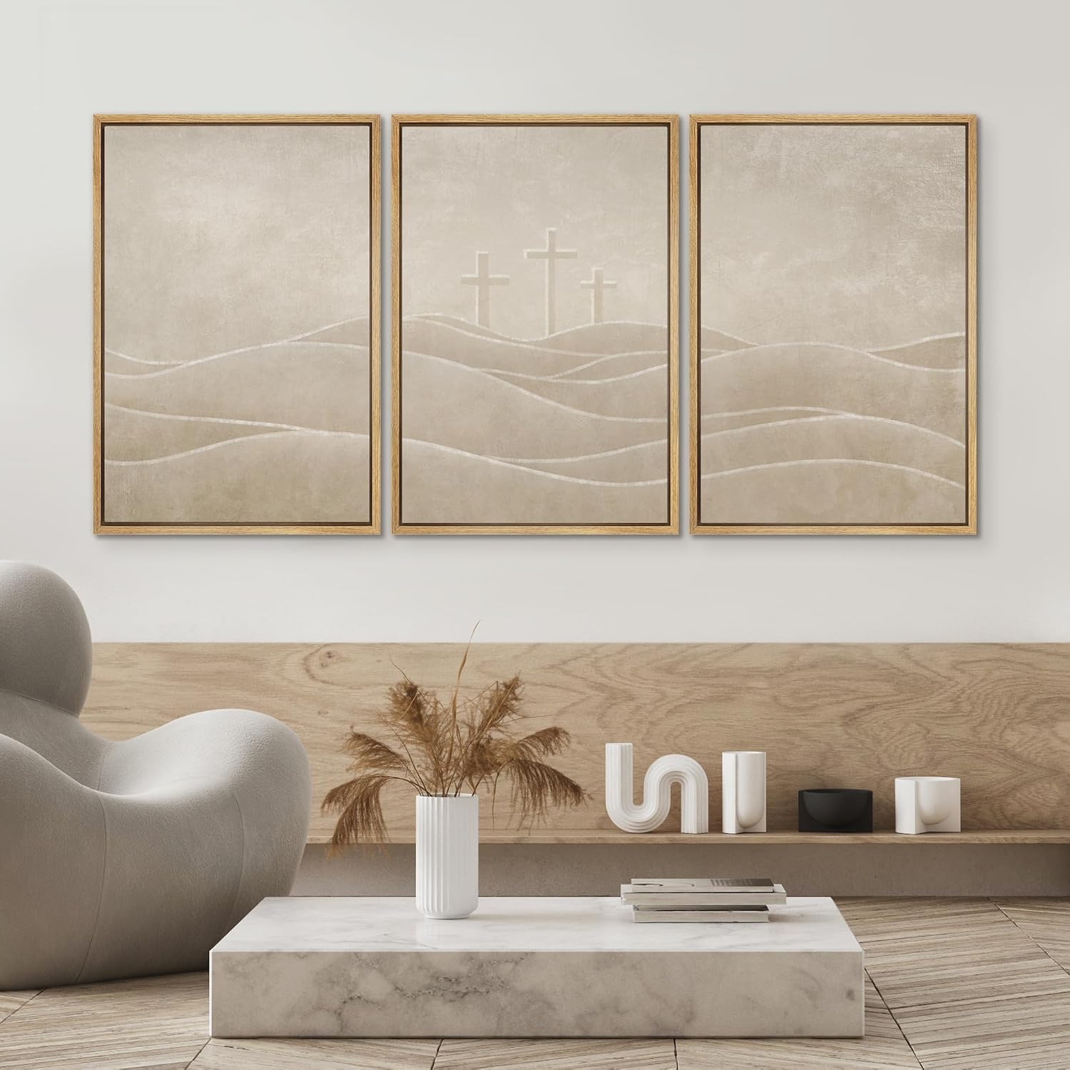 SIGNWIN Framed Canvas Print Wall Art Set Christian Cross Hill Minimalist Beige Religious Illustrations Modern Art Contemporary Minimal Ultra for Living Room, Bedroom, Office - 24'x36'x3 Natural
