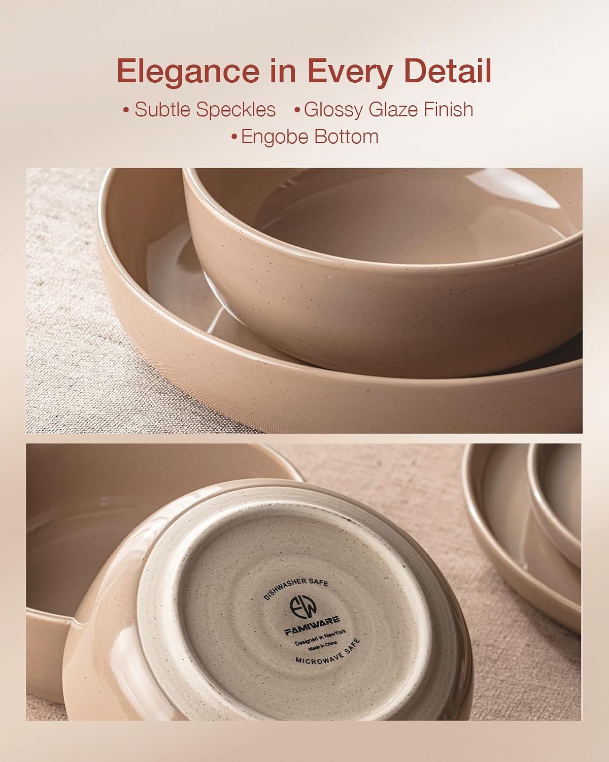 Famiware Milkyway Dinnerware Sets, 24 Piece Dish Set, Plates and Bowls Sets for 8, Cinnamon Brown