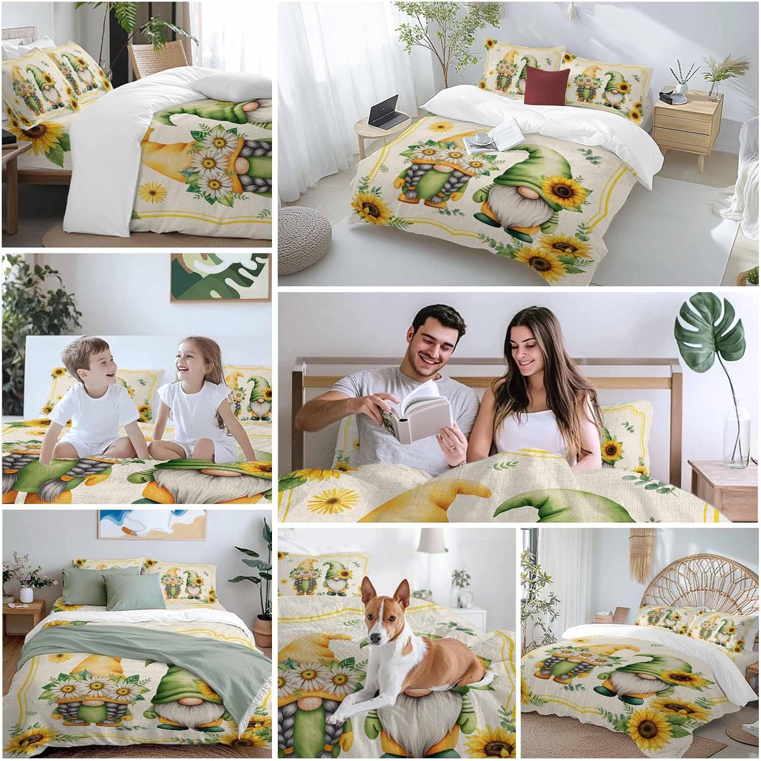 Summer Dwarfs Duvet Cover Set Queen Size 4 Pieces Yellow Sunflower Daisy Field Plant Vintage Bedding Set with Zipper Closure, 1 Comforter Cover 92x106 Inches 1 Flat Sheet & 2 Pillow Cases