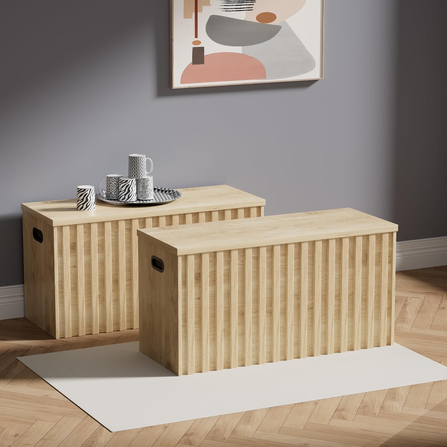 UEV Storage Bench Set of 2, 39.4' Wood Storage Trunk with 2 Safety Hinges, Sturdy Storage Chest, Fluted Storage Bench for Bedroom, Shoe Bench for Entryway, Living Room (Ivroy White)