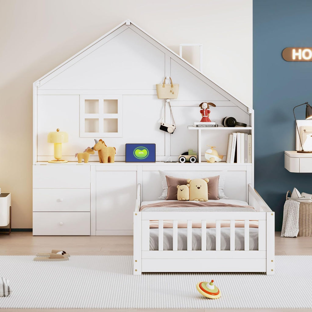Flieks Twin Size House Bed Frame for Boys Girls Kids Toddler with Window and Bedside Drawers, Platform Bed with Shelves and a Set of Sockets and USB Port, White