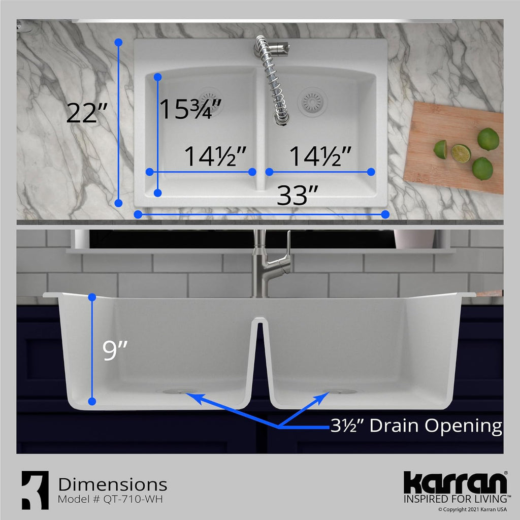 Karran QT-710 33 Inch Top Mount Double Bowl Kitchen Sink, 50/50 Low Divide Quartz Composite Drop-In Sink, Rear Drain, Heat and Scratch Resistant, White