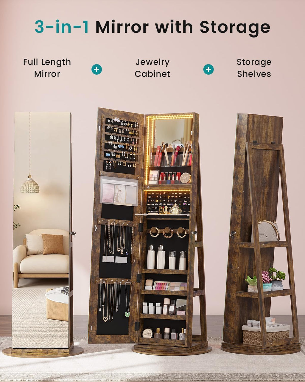 Vlsrka Mirror Jewelry Cabinet Standing, Lockable Full Length Mirror with Storage, Rotatable Jewelry Armoire with Adjustable Lights, Jewelry Armoire Organizer for Bedroom Cloakroom, Rustic Brown
