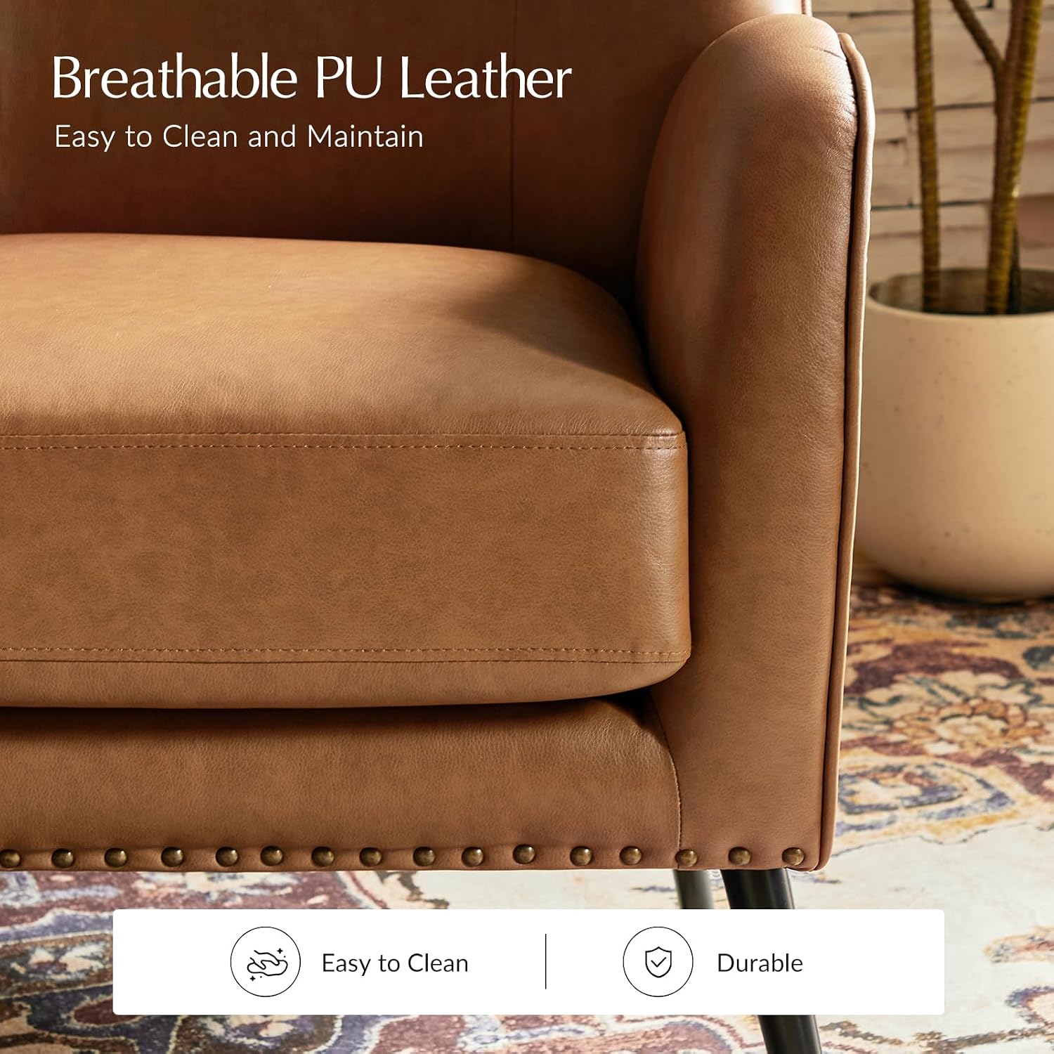 HULALA HOME Faux Leather Accent Chair with Removable Cushion, Comfy Upholstered Armchair with Black Metal Legs & Nailhead Trim Wingback Vanity Chair for Reading Living Room Bedroom, Camel