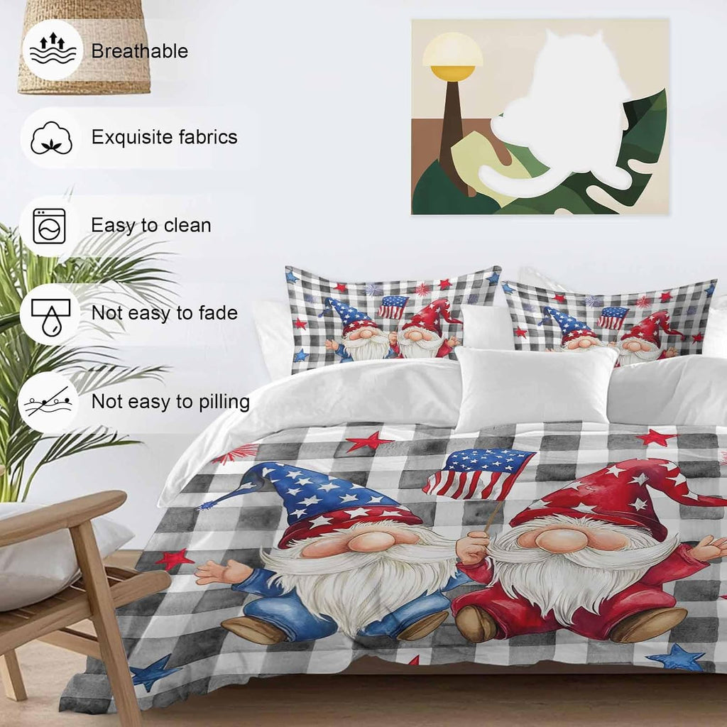 Prime Leader Independence Day Duvet Cover Set Queen Size 4 Pieces Patriotic Gnomes USA Flag Black Plaid Bedding Set with Zipper Closure, 1 Comforter Cover 92x106 Inches 1 Flat Sheet & 2 Pillow Cases
