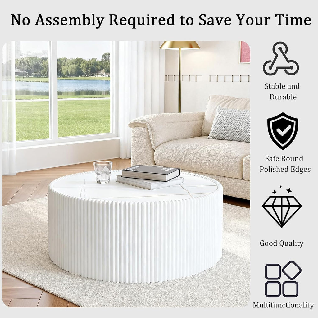 29.52' White Round Coffee Table, Drum Coffee Table with Sintered Stone Tabletop and Fluted PU Leather Covered and Stable Base, Circle Cocktail Tea Table for Living Room