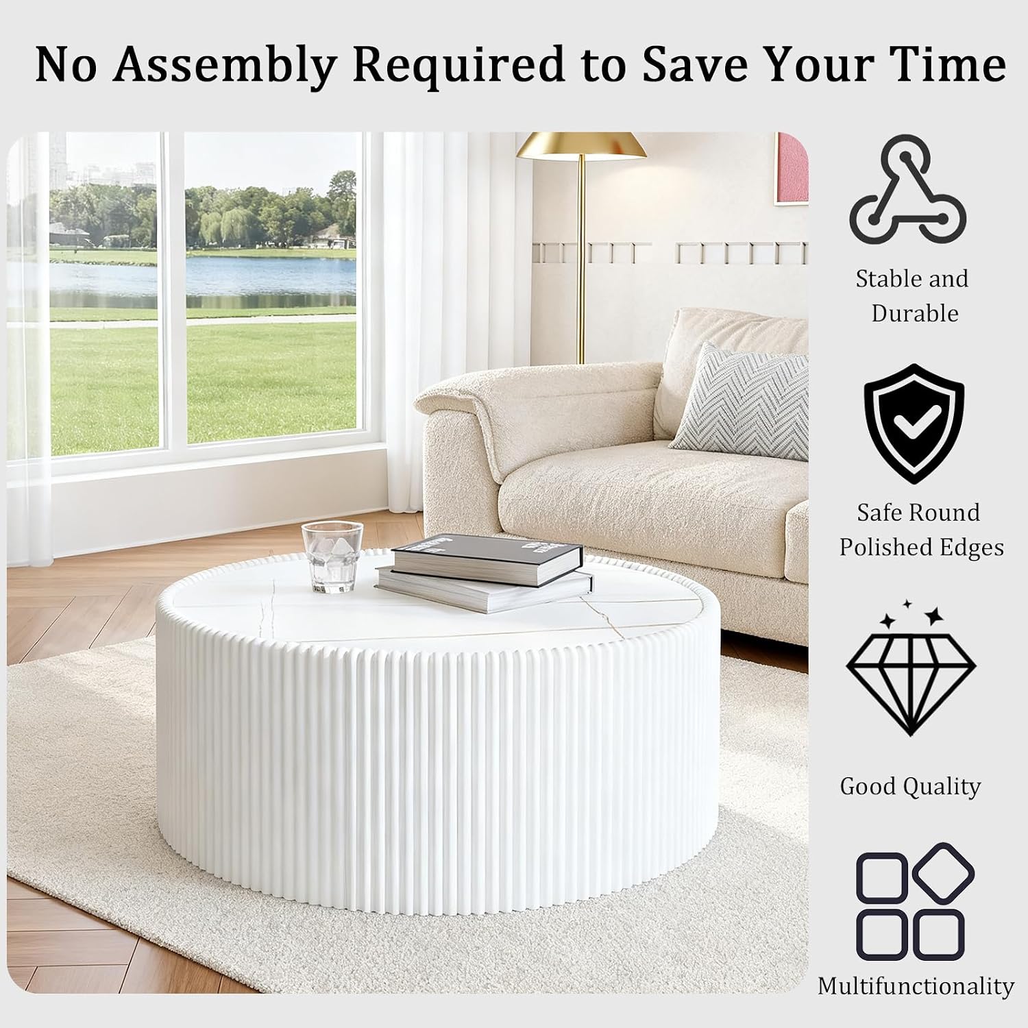 29.52' White Round Coffee Table, Drum Coffee Table with Sintered Stone Tabletop and Fluted PU Leather Covered and Stable Base, Circle Cocktail Tea Table for Living Room