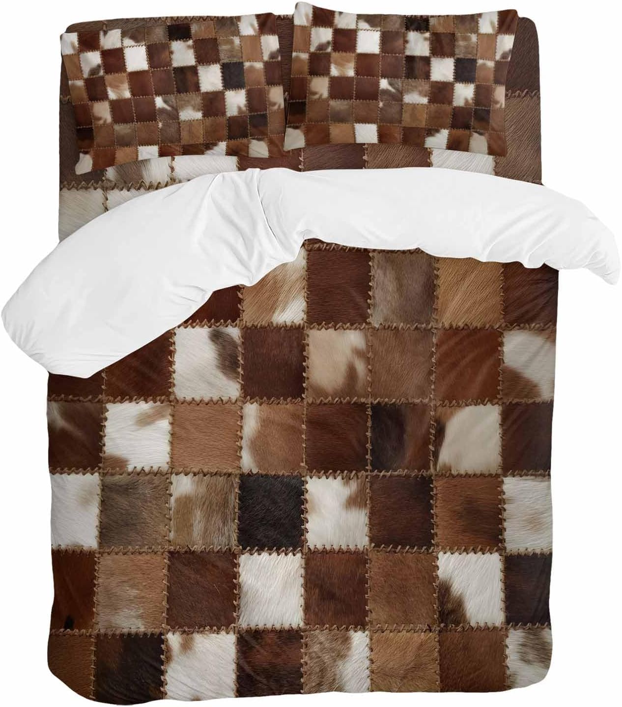 Abstract Plaid Duvet Cover Set Queen Size 4 Pieces Dark Brown Checkerboard Stitching Texture Patchwork Bedding Set with Zipper Closure, 1 Comforter Cover 90x92 Inches 1 Flat Sheet & 2 Pillow Cases