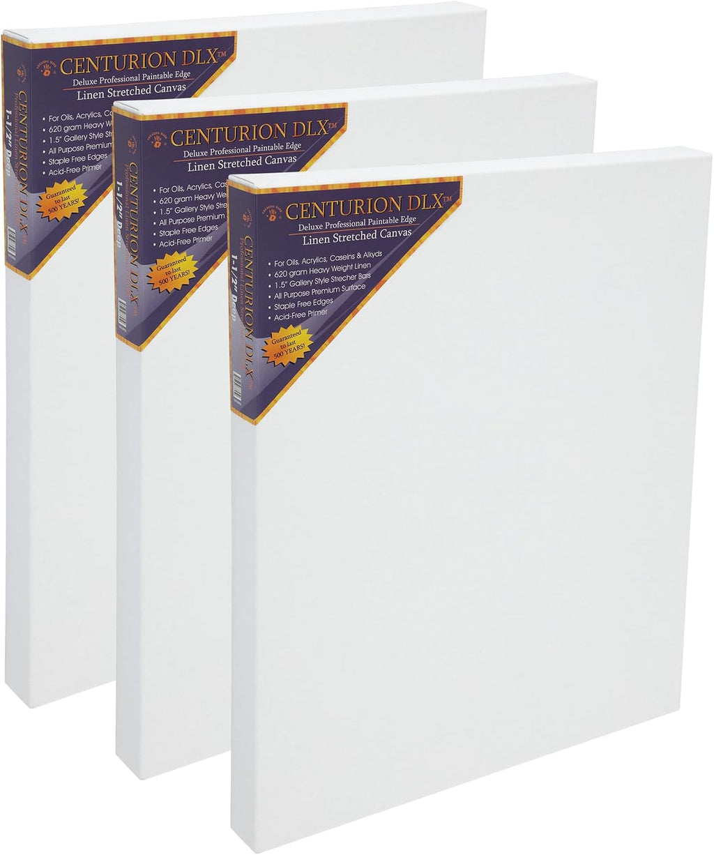 Centurion DLX Acrylic Primed Linen Stretched Canvases - 1.5' Deep Acrylic Primed Linen Canvas for Artists, Acrylics, Painting, Professionals, & More! - [3 Pack - 20x20]