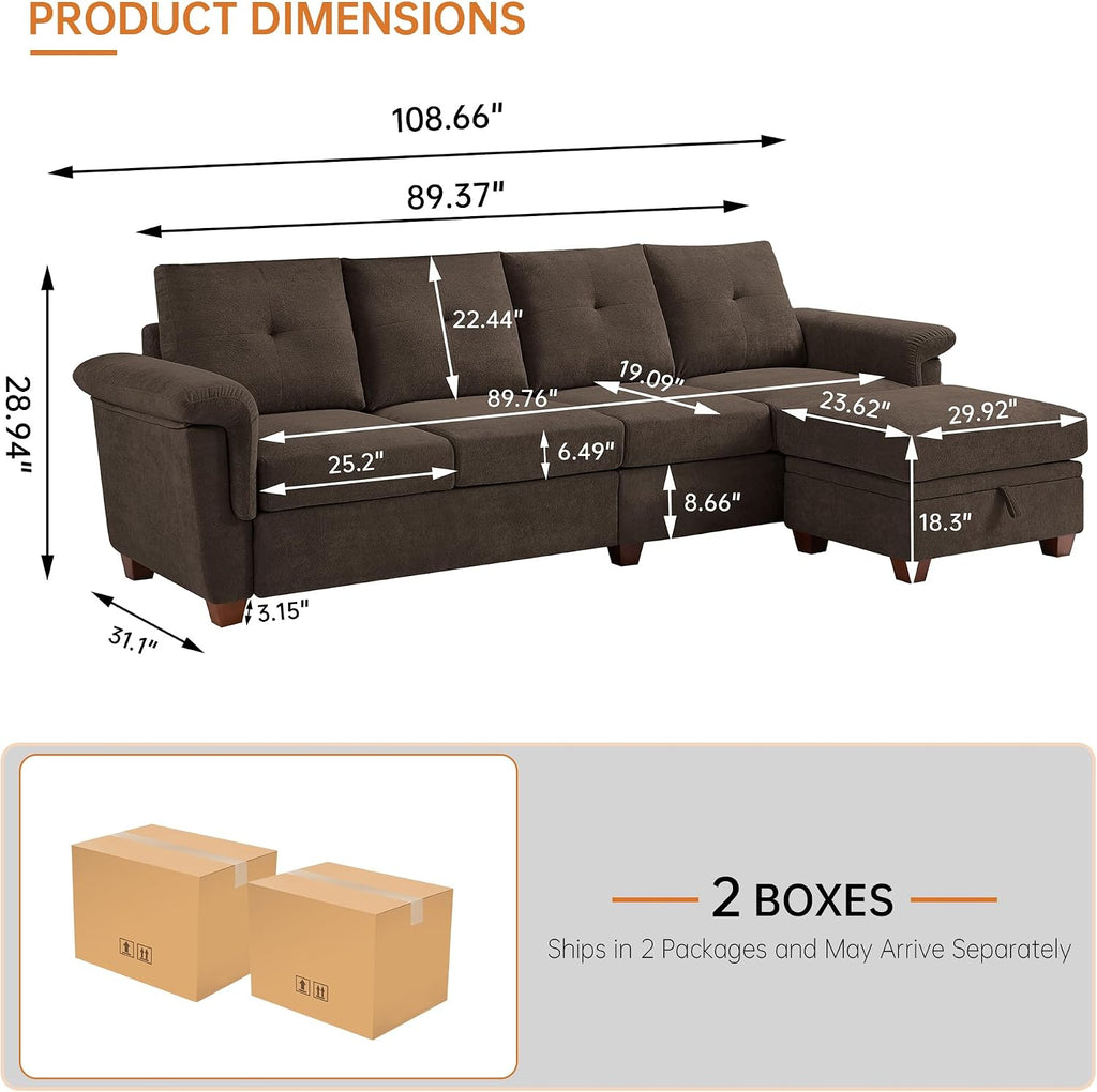 108' Sectional Sofa, Convertible L Shaped Sofa with Ottoman and Large Storage, 4 Seat Sectional Couch with Cup Holder, Couches for Living Room, Apartment, Office (Brown)