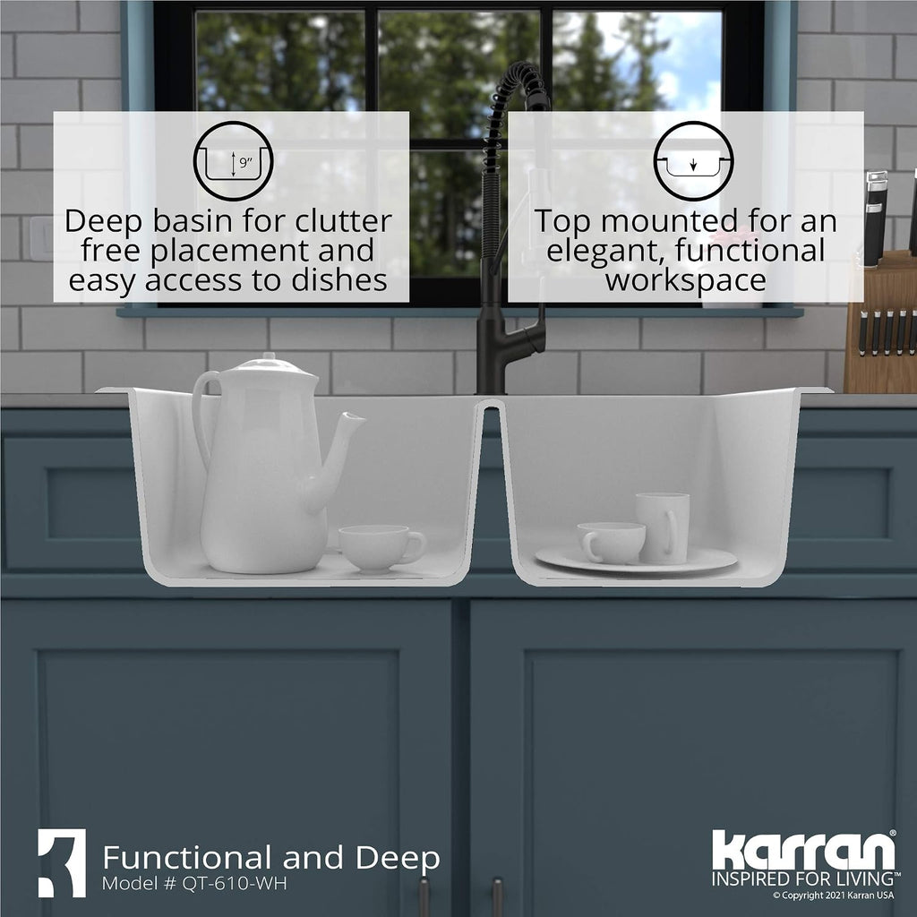 Karran 33' Drop-In/Top Mount Quartz Composite 1-Hole 60/40 Double Bowl Kitchen Sink in White