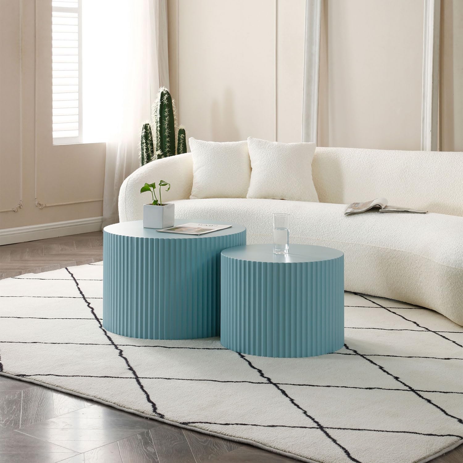Modern Nesting Coffee Table, Round Wood End Table Set of 2 for Small Space, Living Room - Blue