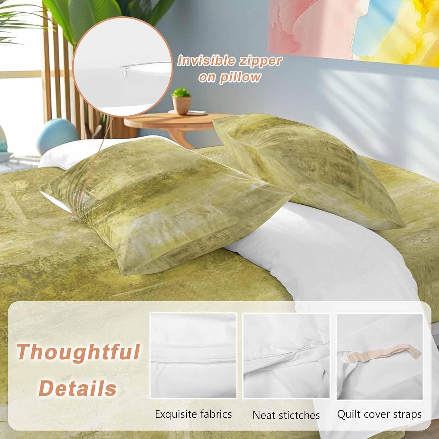 Prime Leader Yellow Gradient Duvet Cover Set Queen Size 4 Pieces Modern Abstract Oil Painting Minimalist Bedding Set with Zipper Closure, 1 Comforter Cover 86x86 Inches 1 Flat Sheet & 2 Pillow Cases